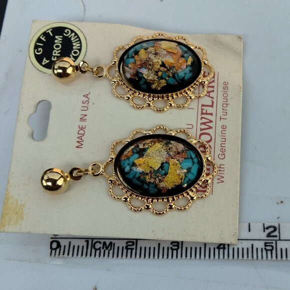 Rainbowflake Earrings Gold Flakes Turquoise Wyoming USA 18KT Posts - Picture 3 of 7